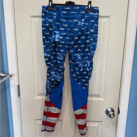 Pelagic Blue Patriotic Shark Print Leggings with Flag Accent - Picture 2 of 4